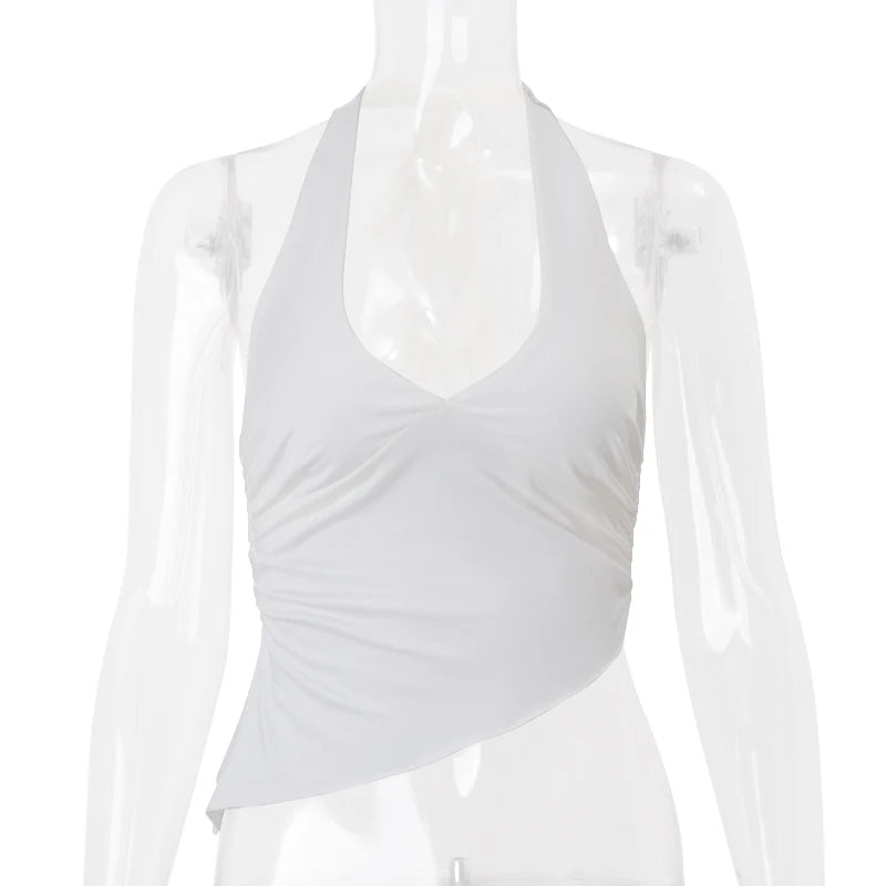 WhereMery Casual Solid Women Halter Crop Top Y2K Elegant V neck Sleeveless Fold Summer Tees Formal Streetwear Sporty Female Vest