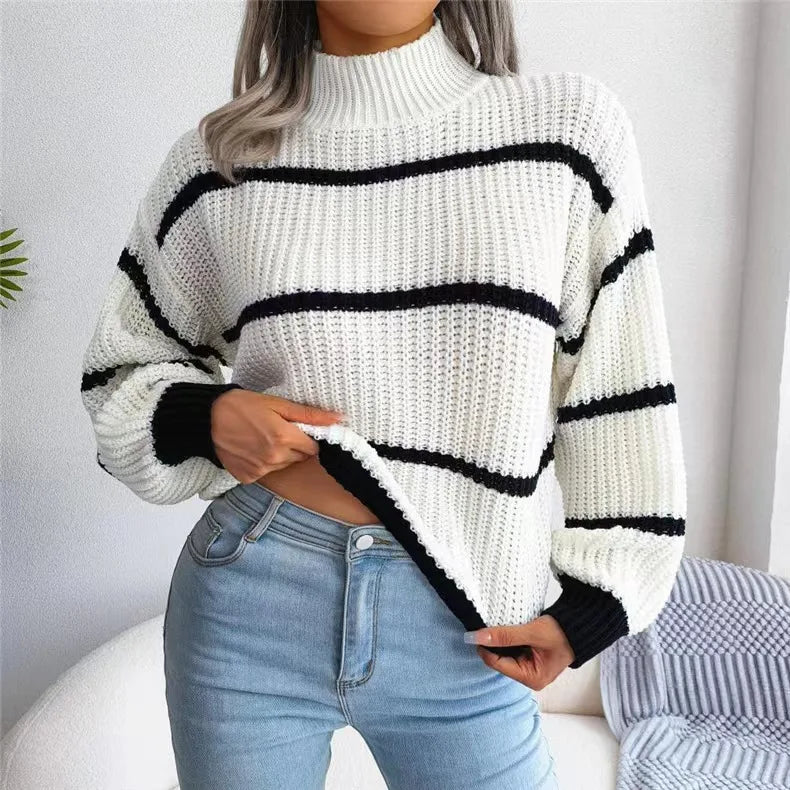 Women Striped Sweaters Half High Collar Splice Full Sleeve Top Pullovers Knit Lantern Sleeve Casual Office Lady Winter 2024