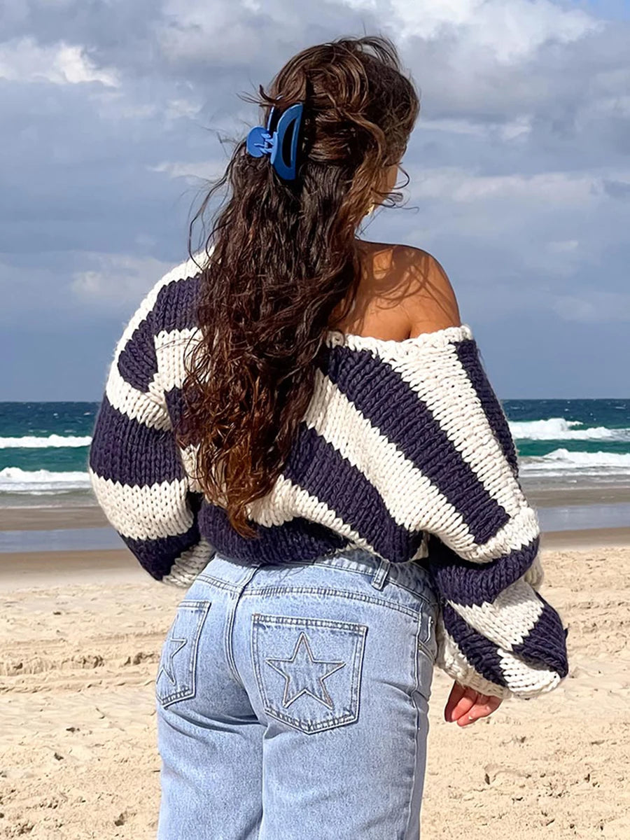 Women Striped Chunky Knitted Sweater Drop Shoulder Long Sleeve V-Neck Oversized Sweater Pullover Vintage Loose Knit Jumper Tops