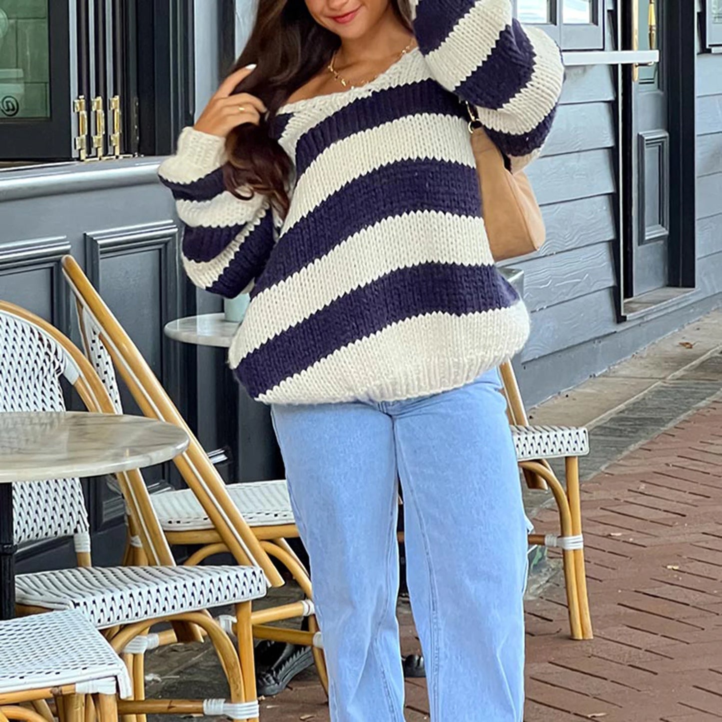 Women Striped Chunky Knitted Sweater Drop Shoulder Long Sleeve V-Neck Oversized Sweater Pullover Vintage Loose Knit Jumper Tops