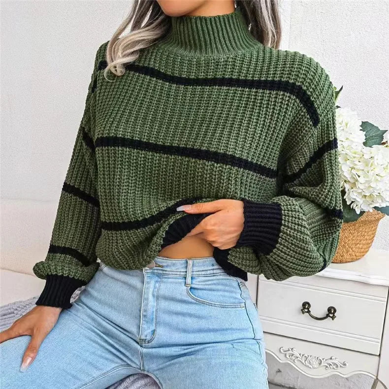 Women Striped Sweaters Half High Collar Splice Full Sleeve Top Pullovers Knit Lantern Sleeve Casual Office Lady Winter 2024