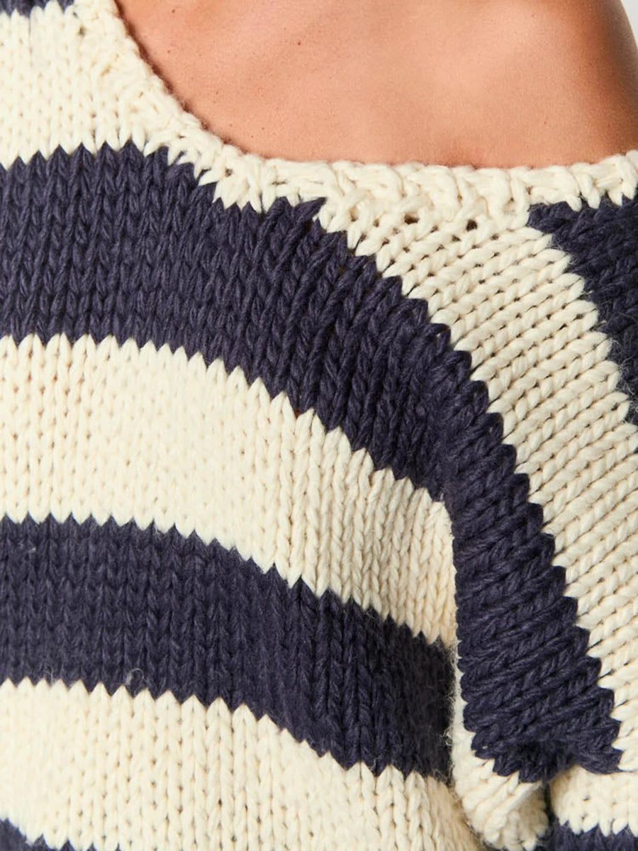Women Striped Chunky Knitted Sweater Drop Shoulder Long Sleeve V-Neck Oversized Sweater Pullover Vintage Loose Knit Jumper Tops