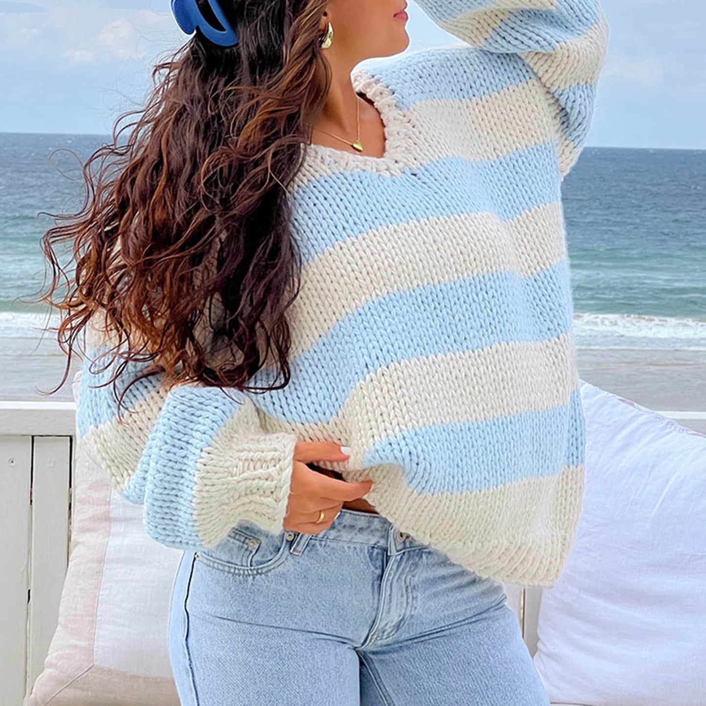 Women Striped Chunky Knitted Sweater Drop Shoulder Long Sleeve V-Neck Oversized Sweater Pullover Vintage Loose Knit Jumper Tops