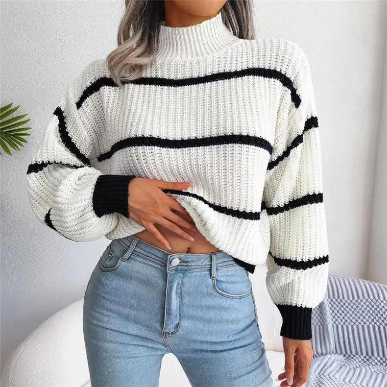 Women Striped Sweaters Half High Collar Splice Full Sleeve Top Pullovers Knit Lantern Sleeve Casual Office Lady Winter 2024