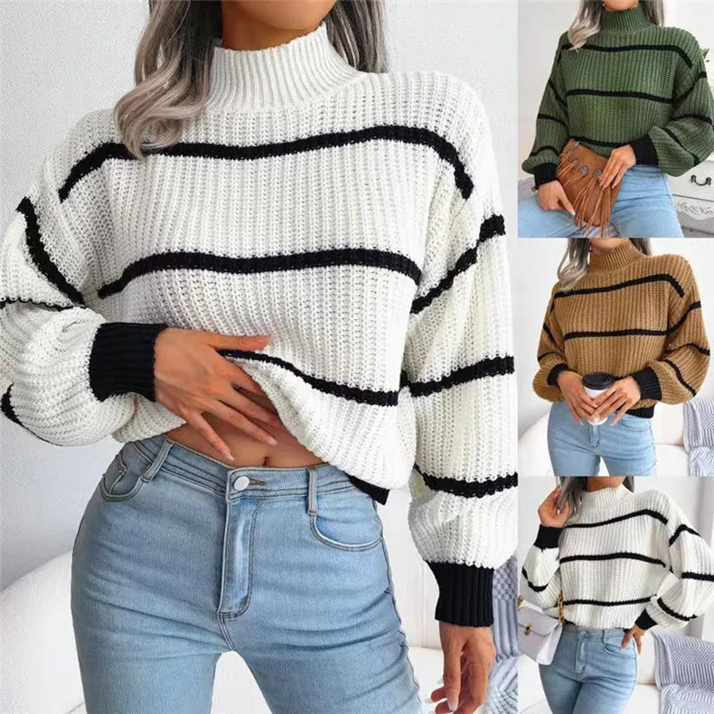 Women Striped Sweaters Half High Collar Splice Full Sleeve Top Pullovers Knit Lantern Sleeve Casual Office Lady Winter 2024