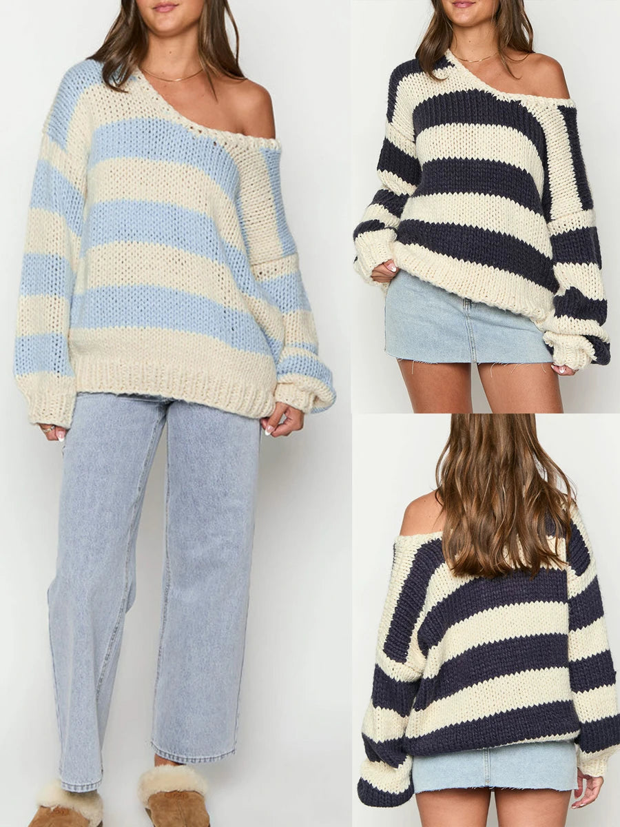Women Striped Chunky Knitted Sweater Drop Shoulder Long Sleeve V-Neck Oversized Sweater Pullover Vintage Loose Knit Jumper Tops