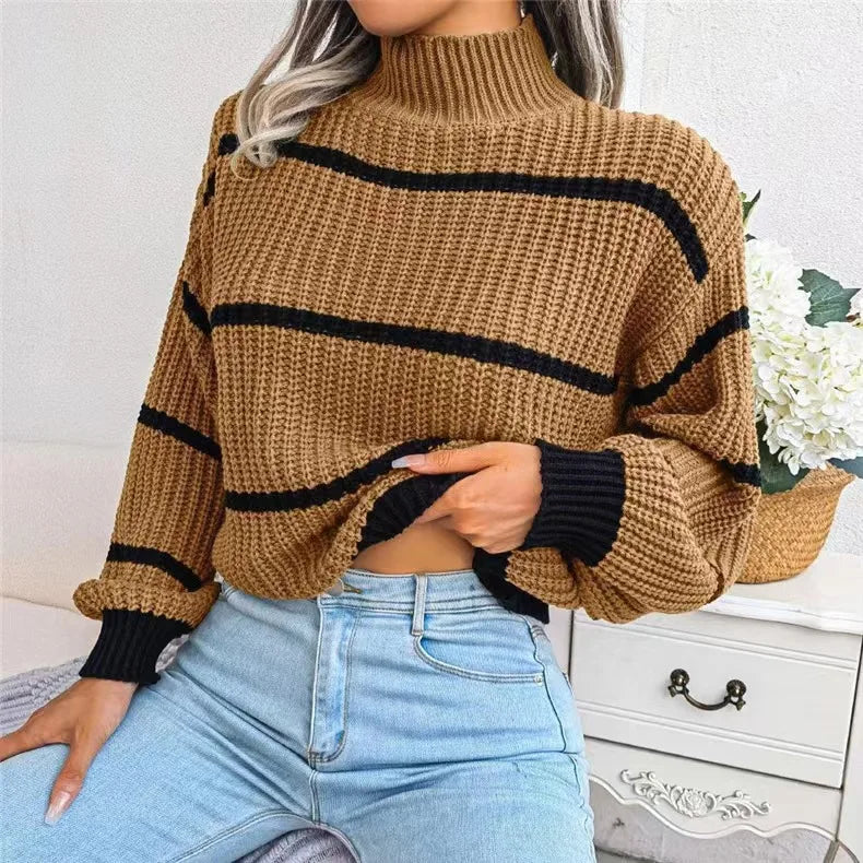 Women Striped Sweaters Half High Collar Splice Full Sleeve Top Pullovers Knit Lantern Sleeve Casual Office Lady Winter 2024
