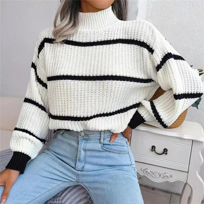 Women Striped Sweaters Half High Collar Splice Full Sleeve Top Pullovers Knit Lantern Sleeve Casual Office Lady Winter 2024