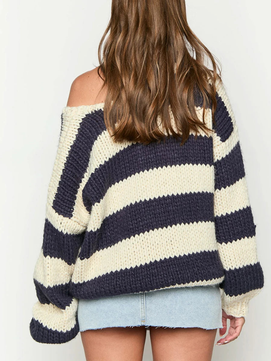 Women Striped Chunky Knitted Sweater Drop Shoulder Long Sleeve V-Neck Oversized Sweater Pullover Vintage Loose Knit Jumper Tops