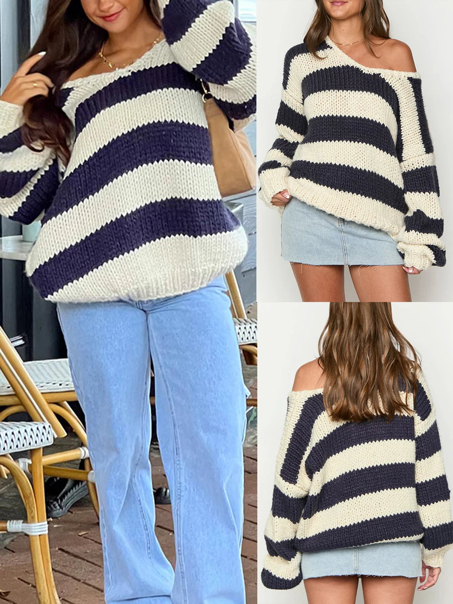 Women Striped Chunky Knitted Sweater Drop Shoulder Long Sleeve V-Neck Oversized Sweater Pullover Vintage Loose Knit Jumper Tops