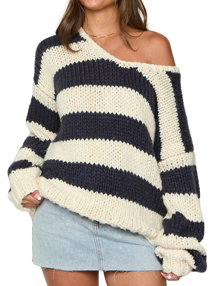 Women Striped Chunky Knitted Sweater Drop Shoulder Long Sleeve V-Neck Oversized Sweater Pullover Vintage Loose Knit Jumper Tops