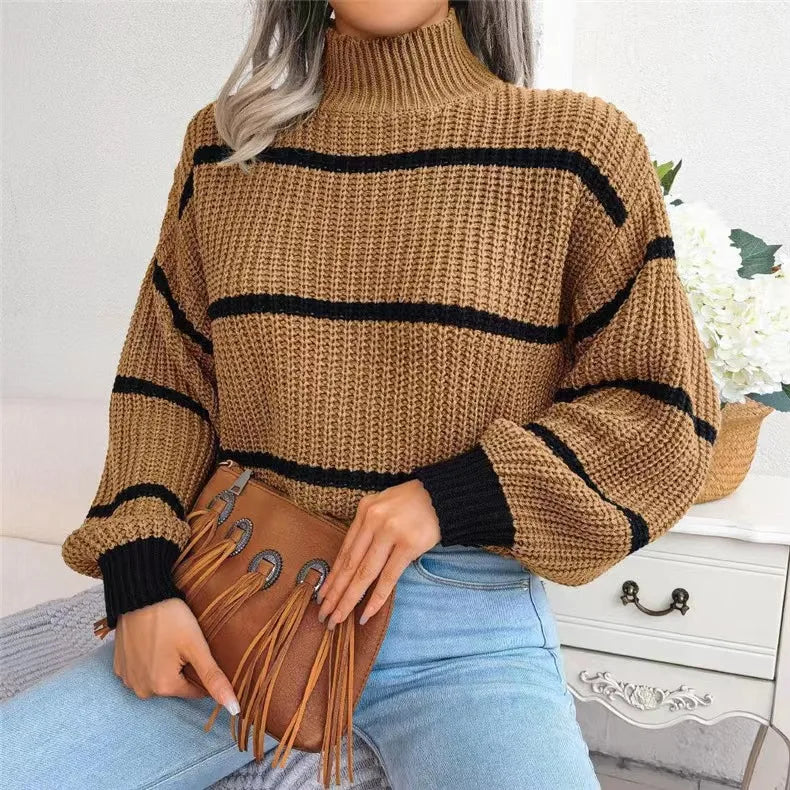 Women Striped Sweaters Half High Collar Splice Full Sleeve Top Pullovers Knit Lantern Sleeve Casual Office Lady Winter 2024