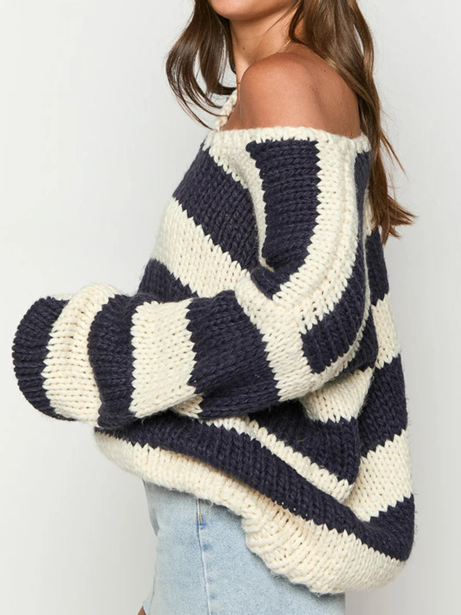 Women Striped Chunky Knitted Sweater Drop Shoulder Long Sleeve V-Neck Oversized Sweater Pullover Vintage Loose Knit Jumper Tops