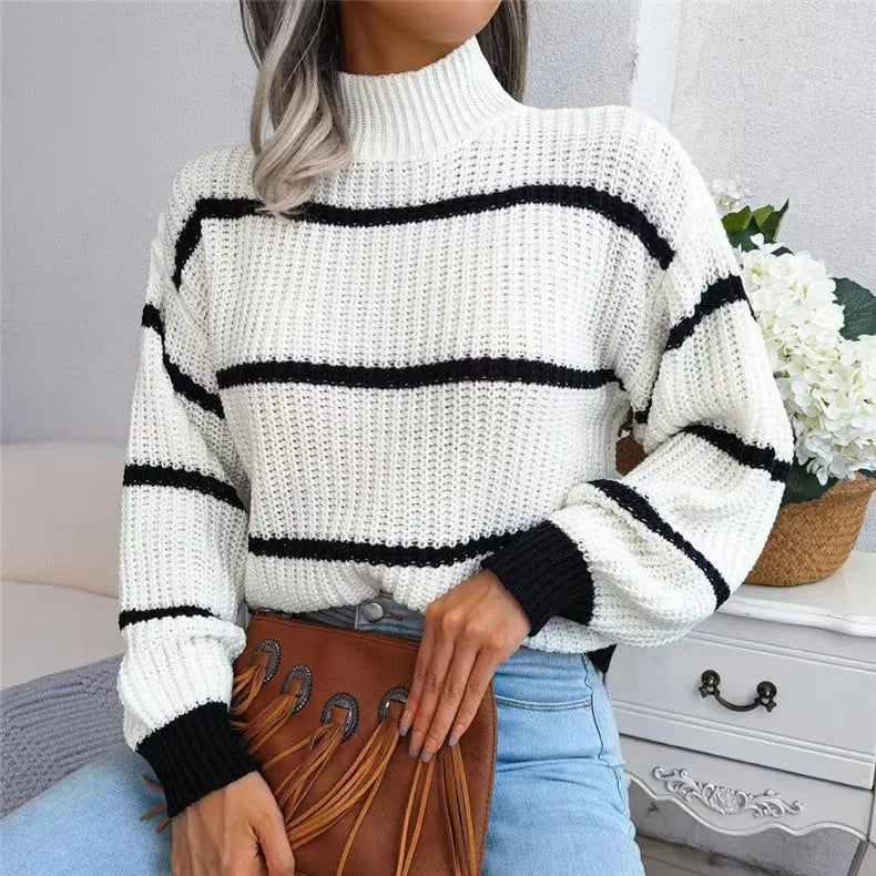 Women Striped Sweaters Half High Collar Splice Full Sleeve Top Pullovers Knit Lantern Sleeve Casual Office Lady Winter 2024