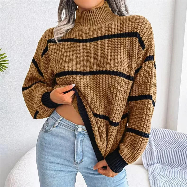 Women Striped Sweaters Half High Collar Splice Full Sleeve Top Pullovers Knit Lantern Sleeve Casual Office Lady Winter 2024