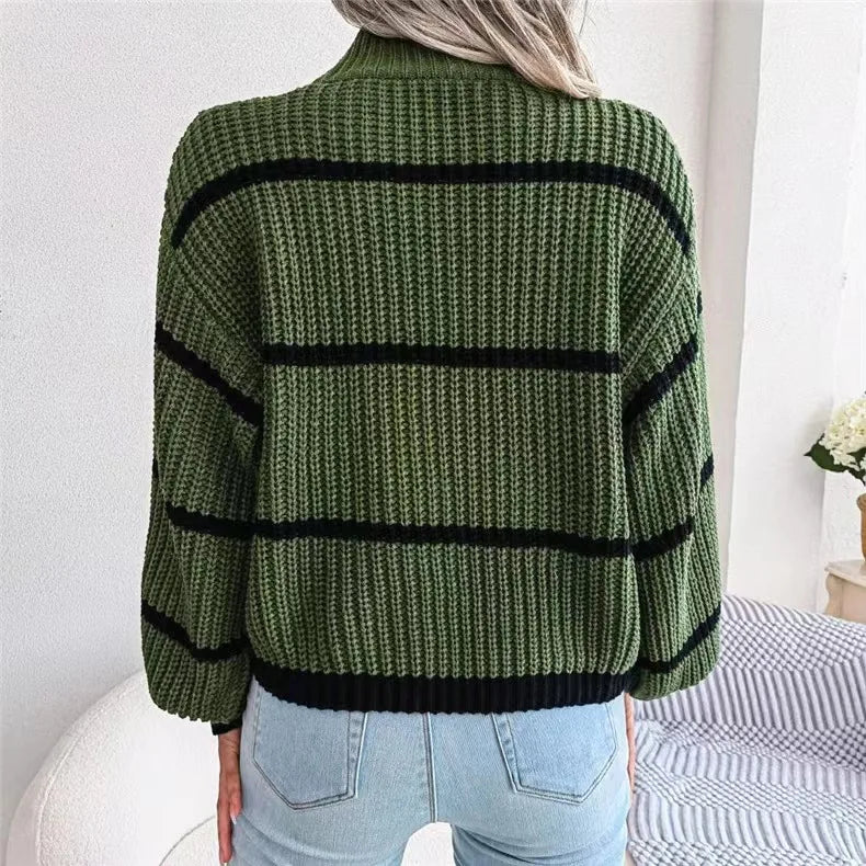 Women Striped Sweaters Half High Collar Splice Full Sleeve Top Pullovers Knit Lantern Sleeve Casual Office Lady Winter 2024