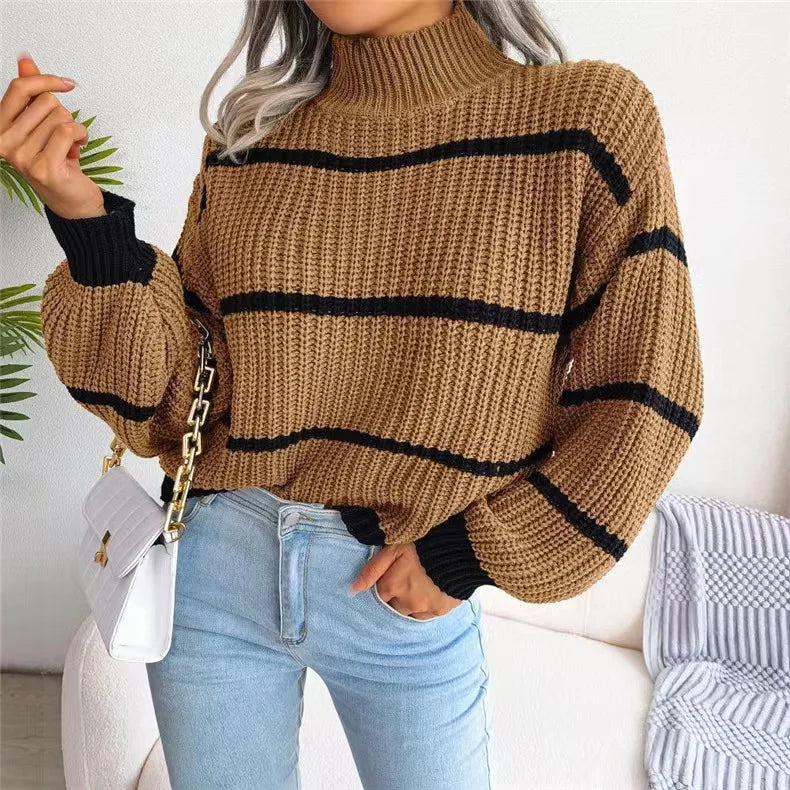 Women Striped Sweaters Half High Collar Splice Full Sleeve Top Pullovers Knit Lantern Sleeve Casual Office Lady Winter 2024