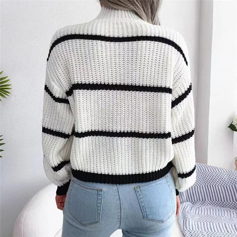 Women Striped Sweaters Half High Collar Splice Full Sleeve Top Pullovers Knit Lantern Sleeve Casual Office Lady Winter 2024