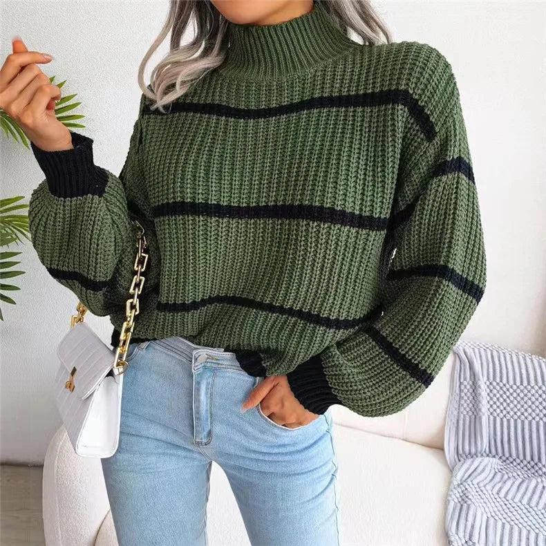 Women Striped Sweaters Half High Collar Splice Full Sleeve Top Pullovers Knit Lantern Sleeve Casual Office Lady Winter 2024