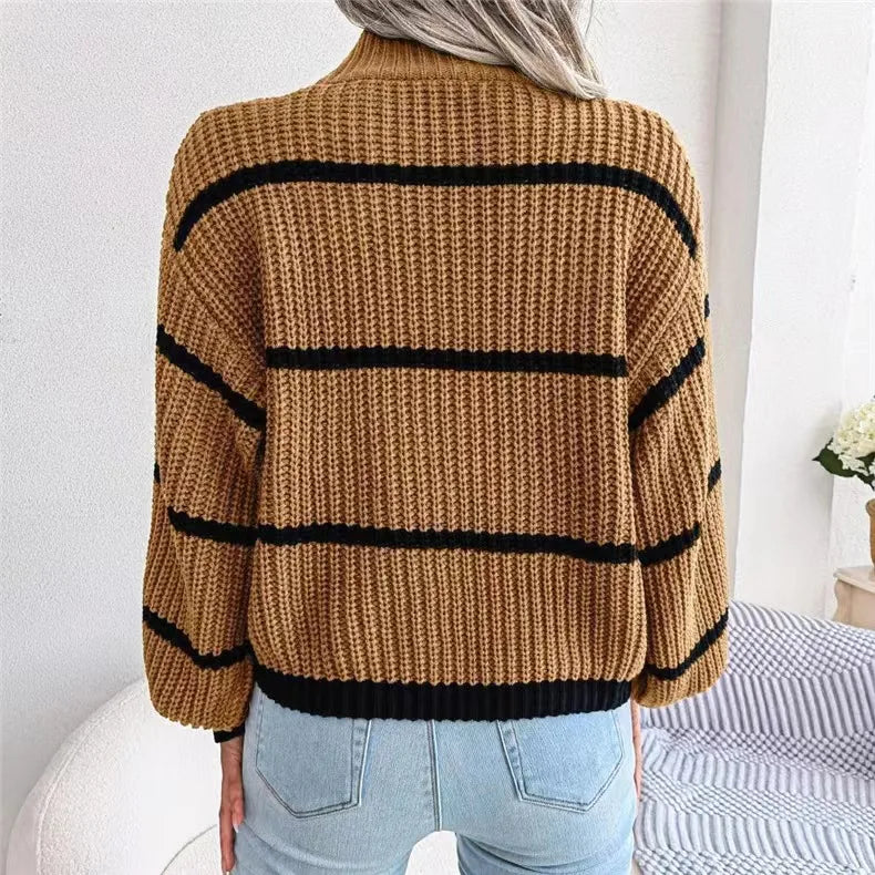 Women Striped Sweaters Half High Collar Splice Full Sleeve Top Pullovers Knit Lantern Sleeve Casual Office Lady Winter 2024