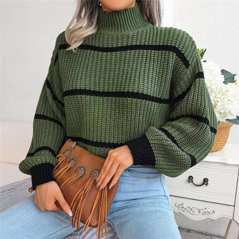 Women Striped Sweaters Half High Collar Splice Full Sleeve Top Pullovers Knit Lantern Sleeve Casual Office Lady Winter 2024