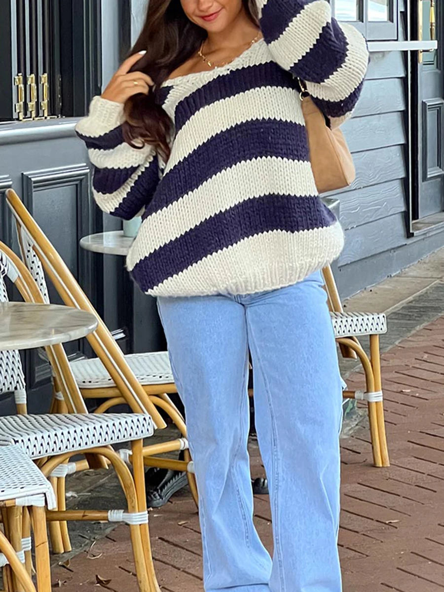 Women Striped Chunky Knitted Sweater Drop Shoulder Long Sleeve V-Neck Oversized Sweater Pullover Vintage Loose Knit Jumper Tops