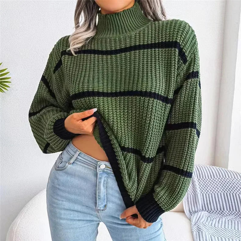 Women Striped Sweaters Half High Collar Splice Full Sleeve Top Pullovers Knit Lantern Sleeve Casual Office Lady Winter 2024