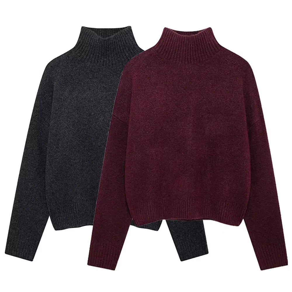 TRAFZA Women Vintage Burgundy Turtleneck Sweater Casual Long Sleeve Knitted Pullover Autumn Winter Women Solid Warm Knitwear
