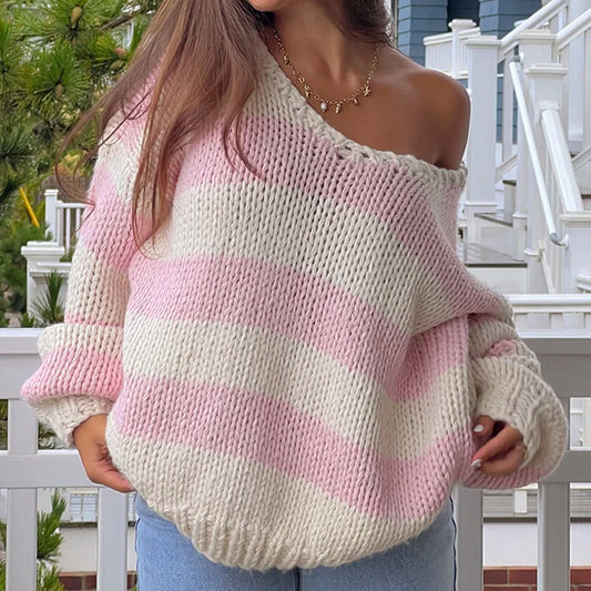 Women Striped Chunky Knitted Sweater Drop Shoulder Long Sleeve V-Neck Oversized Sweater Pullover Vintage Loose Knit Jumper Tops