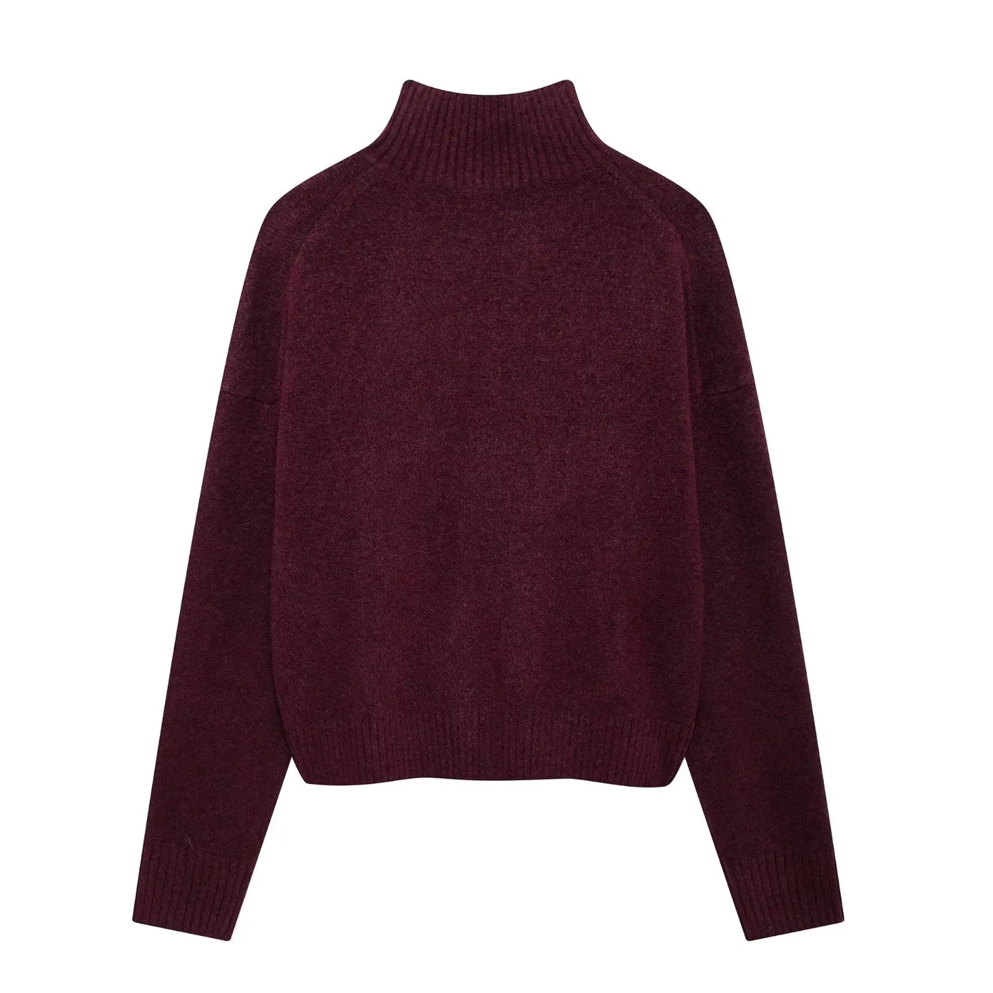 TRAFZA Women Vintage Burgundy Turtleneck Sweater Casual Long Sleeve Knitted Pullover Autumn Winter Women Solid Warm Knitwear