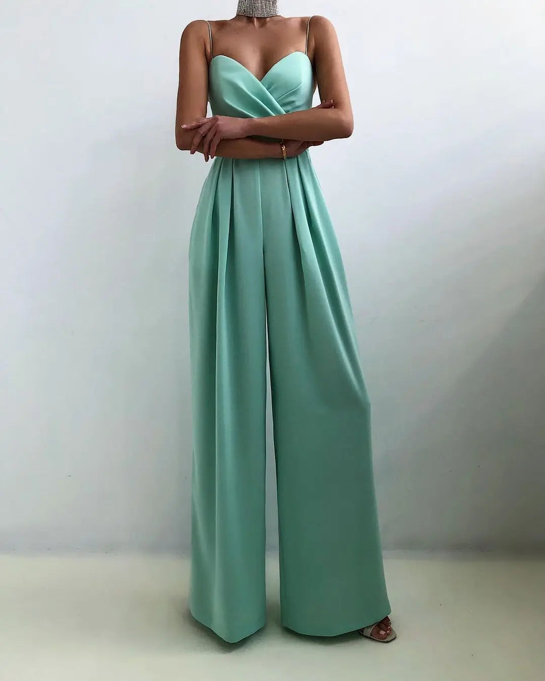 Sleeveless High Waist Jumpsuit Wide Leg Sling Long Pants Romper 2025 Spring Summer Casual Outfit Solid Slim V Neck Rompers