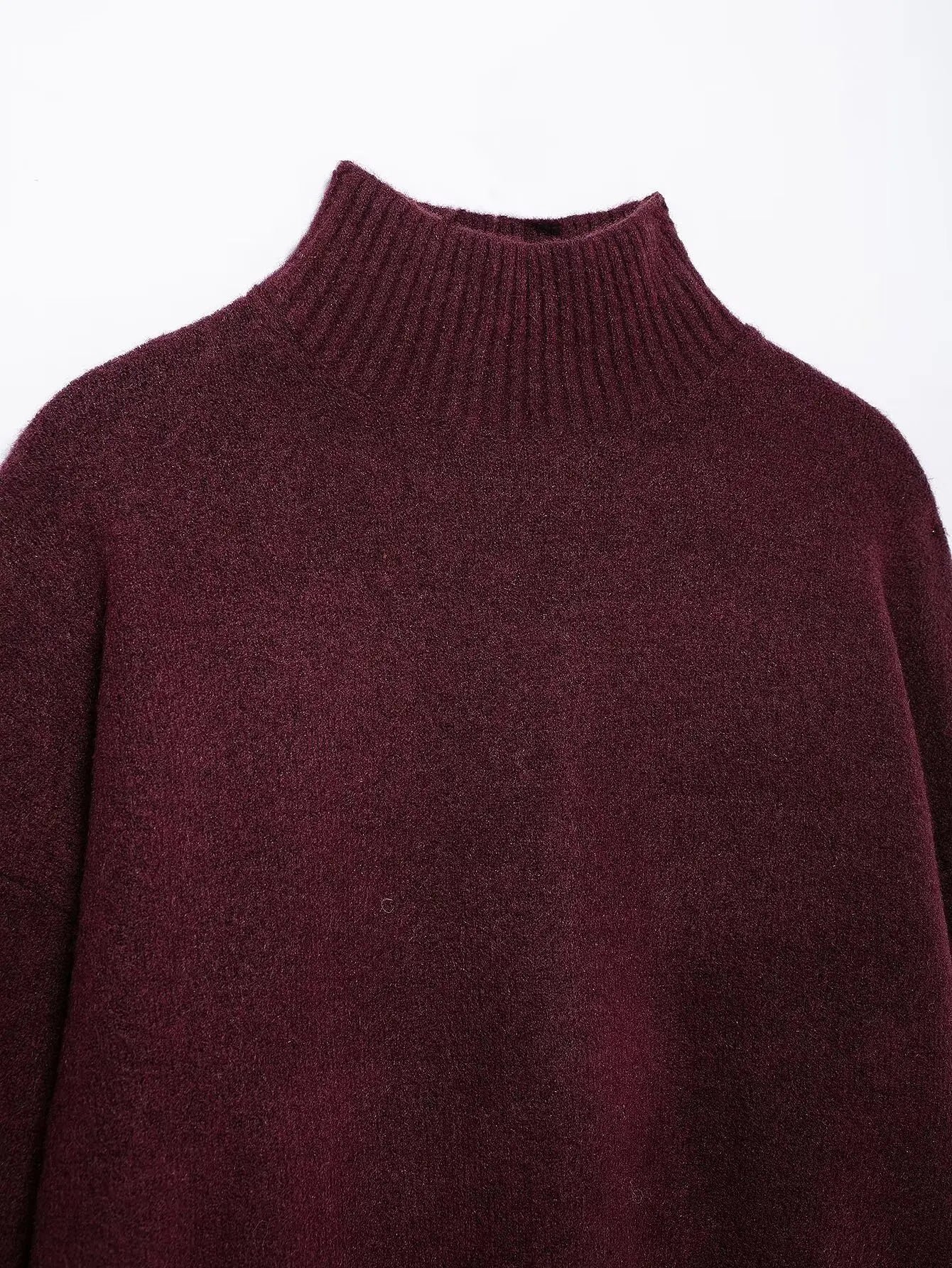 TRAFZA Women Vintage Burgundy Turtleneck Sweater Casual Long Sleeve Knitted Pullover Autumn Winter Women Solid Warm Knitwear